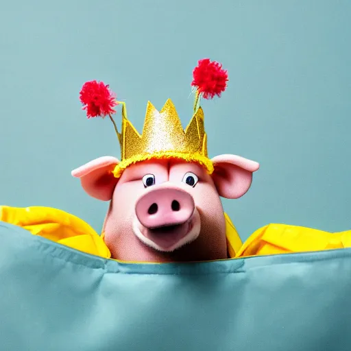 Prompt: studio photograph of a smiling pig depicted as a muppet wearing a gold crown eating from a snack bag with a yellow background, front view