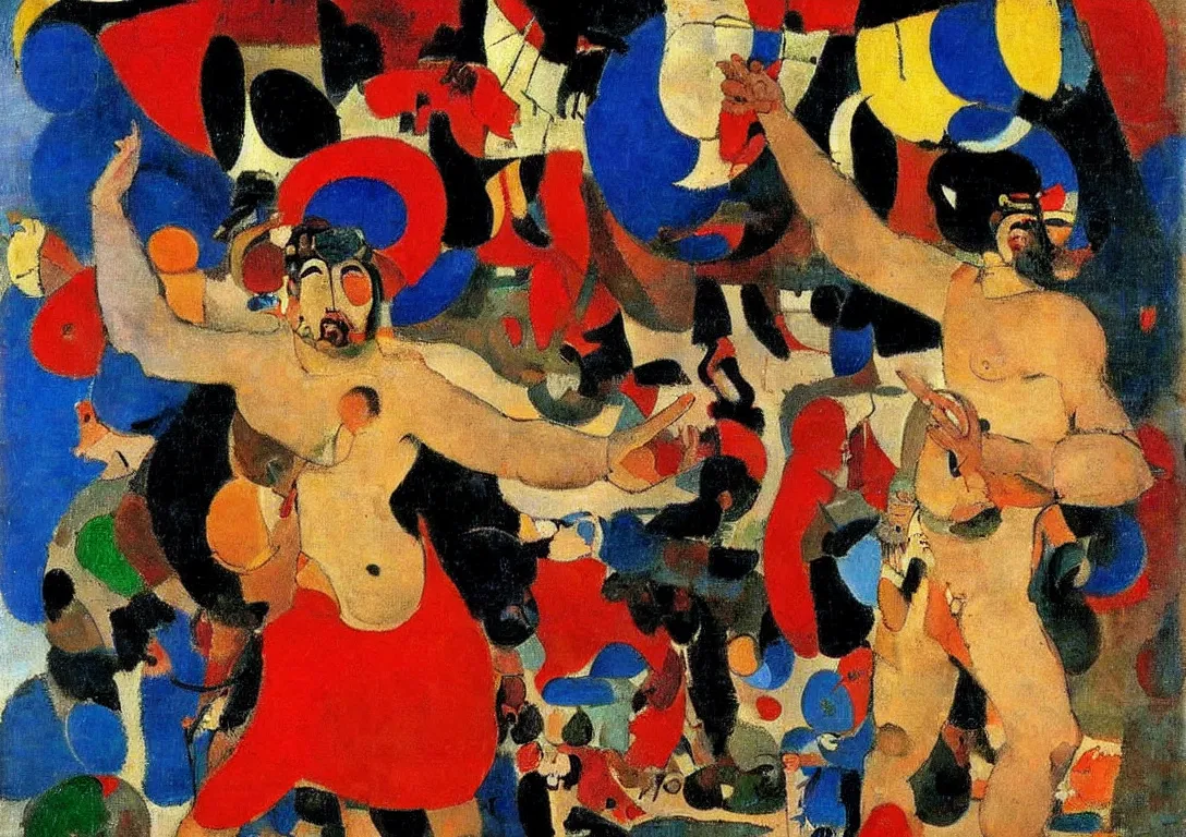 Image similar to a multiracial greek god dancing through the streets of a city, saturated color scheme, sparse detail, by george luks, joan miro and moebius