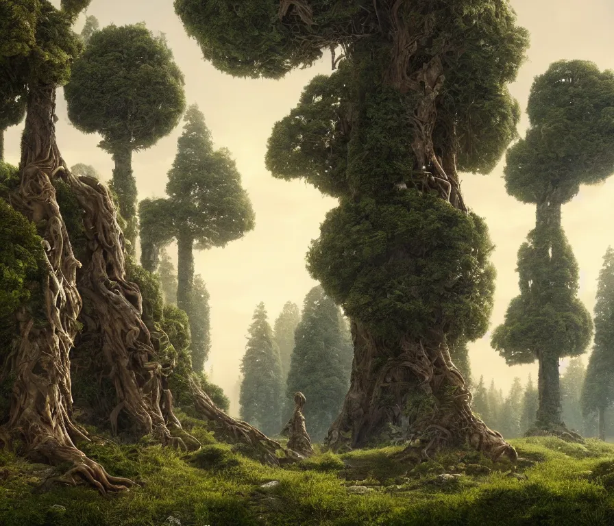 Prompt: a beautiful hyperrealistic detailed 3 d render of colossal golems guarding a wall of infinite pine trees, by roberto robert, anton otto fischer, atey ghailan, unreal engine, octane render, epic, 3 d, intricate, ultra wide, artstation, volumetric lighting, hdr, polished, micro details, ray tracing, 8 k