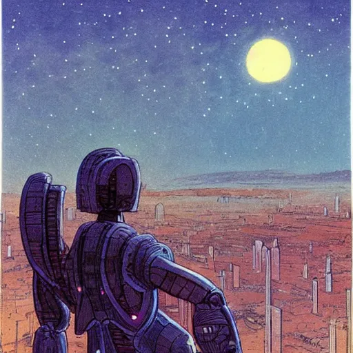 Prompt: [ a humanoid robot looking out over a ruined city ] [ night, stars ] [ gauche watercolour soft beautiful colours ] [ moebius, science fiction art ]