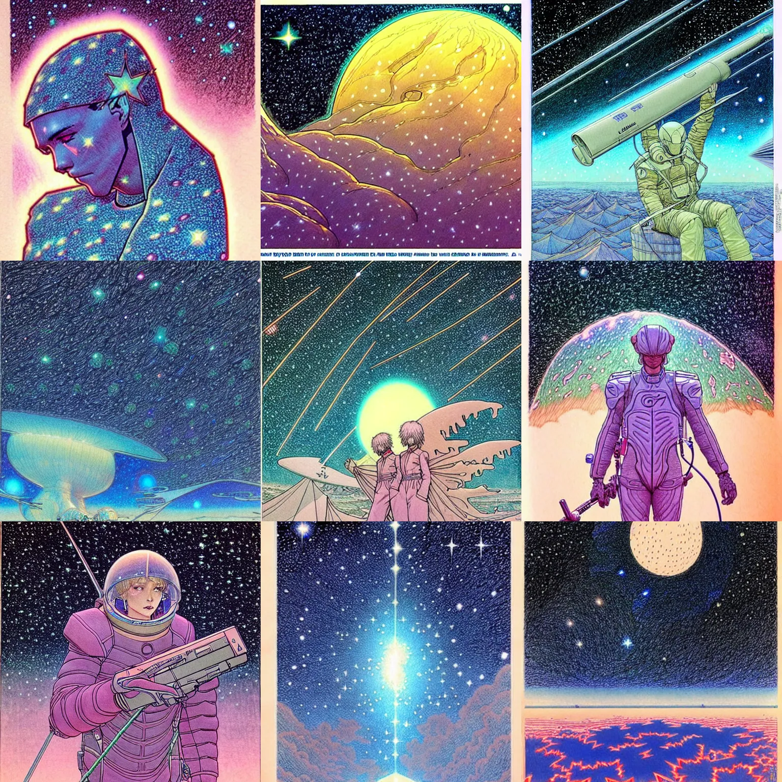Prompt: ( ( ( ( ( starry sky ) ) ) ) ) drawing by mœbius!!!!!!!!!!!!!!!!!!!!!!!!!!!, overdetailed art