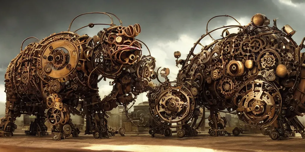 Image similar to a photo of a giant mechanical pig with gears and pistons, steam and wires, robot pig the size of a small building, in the style of a blockbuster film