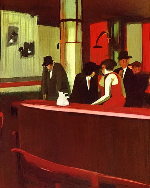 Image similar to crowd of people in a bar in the style of Francis Bacon and Edward Hopper. Strange interior living room with lots of people, surreal. Art by Syd Mead and Frank Lloyd Wright