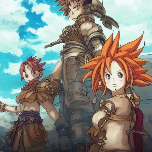 Prompt: steam punk, chrono trigger, detailed anime characters, starring crono, marle and ayla, vivid light, greg rutkowski, uhd, uhd uhd uhd, 8 k, shallow depth of field, intricate detail, concept art!