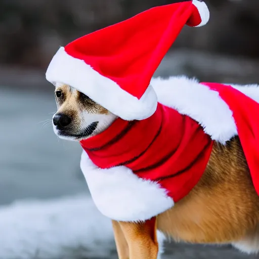 Prompt: A dog with a santa hat on its head and a scarf around its neck