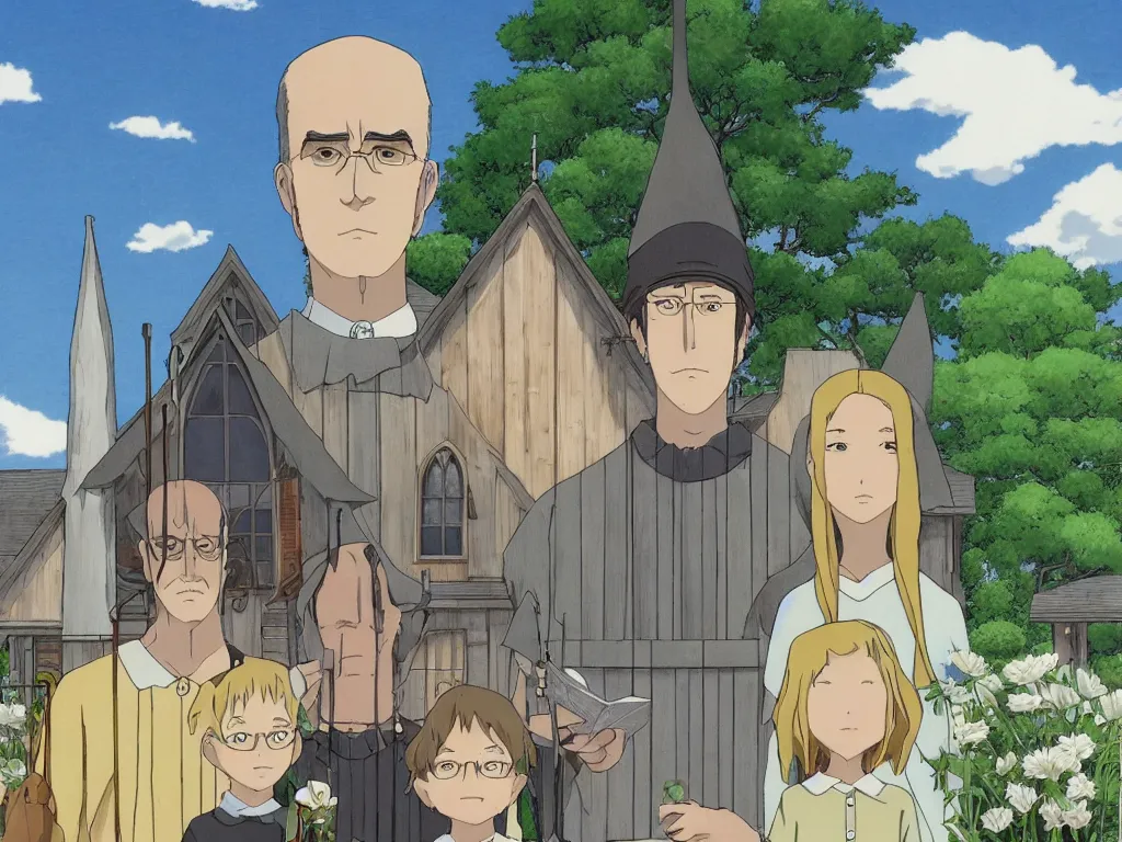 Image similar to american gothic in detailed studio ghibli anime style