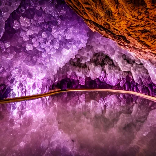 Prompt: photo inside an amethyst cave with a hotspring, highly detailed, 8k, HDR, award-winning,