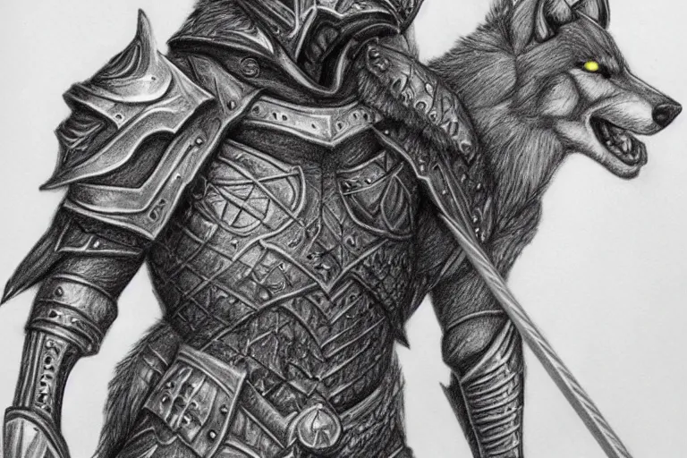 Image similar to a pencil drawing of a wolf, full body, D&D, armor, made by by Pen Tacula