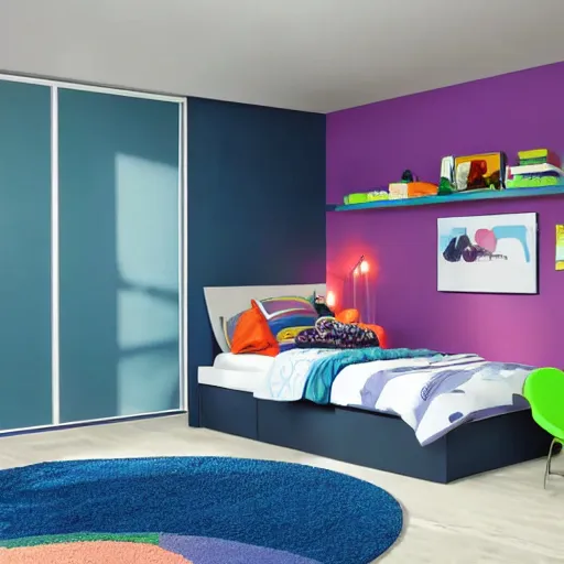 Image similar to award-winning colorful modern boy's room catalog photo. single bed. A single window illuminates the bed and the desk.