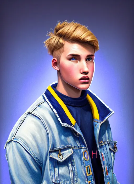 Image similar to portrait of high school senior boy named big moose, blonde short hair, jock, beefy, wide face, square jaw, square facial structure, blue varsity jacket with letter r, intricate, elegant, glowing lights, highly detailed, digital painting, artstation, concept art, sharp focus, illustration, art by wlop, mars ravelo and greg rutkowski