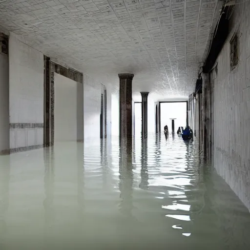 Image similar to photo of a vast interior space of irregular rooms and corridors, bizarre architecture. ceramic white tiles on all the walls. the floor is flooded with one meter deep water. eerie