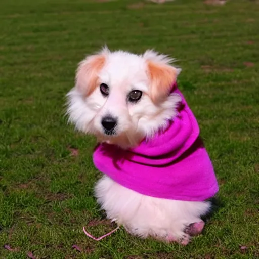 Prompt: cute dog sitting on ground pink background, cute, cartoon,