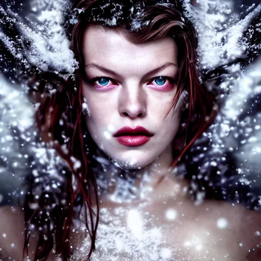 Image similar to Young Milla Jovovich as a snow goddess covered in snow, grungy, unkept hair, glowing eyes, winter, modelsociety, radiant skin, huge anime eyes, RTX on, bright on black, dramatic, studio lighting, perfect face, intricate, Sony a7R IV, symmetric balance, polarizing filter, Photolab, Lightroom, 4K, Dolby Vision, Photography Award