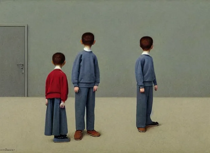 Image similar to a very boring day in school, kids faced away, all wearing identical clothes, painting by quint buchholz and ray caesar, muted colors, gray, dull, boring, low energy, pale blue faces, very detailed, very coherent