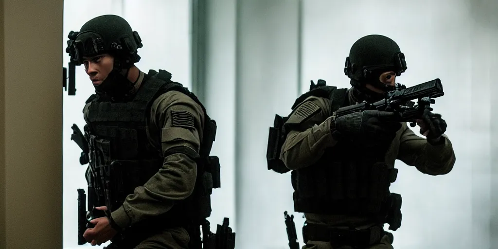 Image similar to vfx film, swat team squad crew, breach and clear, gang house, flat color profile low - key lighting award winning photography arri alexa cinematography, cinematic beautiful natural skin, famous face, atmospheric cool color - grade