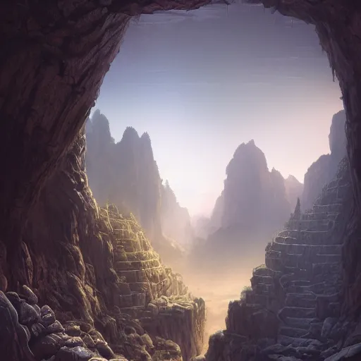 Image similar to A beautiful hyper realistic detailed matte painting of the entrance to a dungeon of the gods at the base of an ancient mountain, dramatic lighting, dynamic lighting, cinematic lighting, lit by morning light, by Raphael Lacoste and John Howe and Andreas Rocha, unreal engine, featured on artstation, ultrawide angle, f8, polarizer filter, lava, magma.