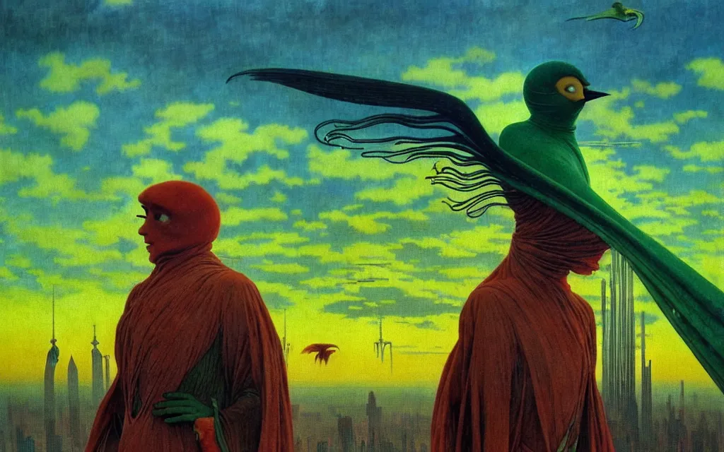 Image similar to realistic detailed portrait movie shot of a birdman wearing green robes, futuristic city sunset landscape background by denis villeneuve, yves tanguy, alphonse mucha, ernst haeckel, max ernst, roger dean, masterpiece, rich moody colours, ethereal, occult, blue eyes