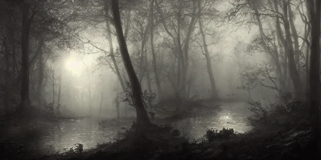 Prompt: [ a dark scene of a dense forest at night with a gentle stream through it, moonlight through trees, volumetric light and mist, fog, a dead fallen tree lays in the water ], andreas achenbach, artgerm, mikko lagerstedt, zack snyder, tokujin yoshioka