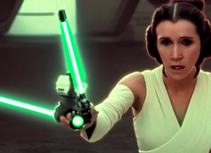 Image similar to screenshot portrait solo shot of Princess Leia training to use a yellow lightsaber at a new Jedi Temple scene from The Force Awakens, 1970s film by Stanley Kubrick, serene, iconic scene, stunning cinematography, hyper detailed, sharp, anamorphic lenses, kodak color film, 4k