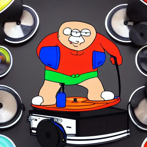 Image similar to svg sticker of a Family-Guy Peter-Griffin at a rave, spinning records, giant headphones rocking out, wearing headphones, huge speakers, dancing, rave, DJ, spinning records, digital art, amazing composition, rule-of-thirds, award-winning, trending on artstation, featured on deviantart