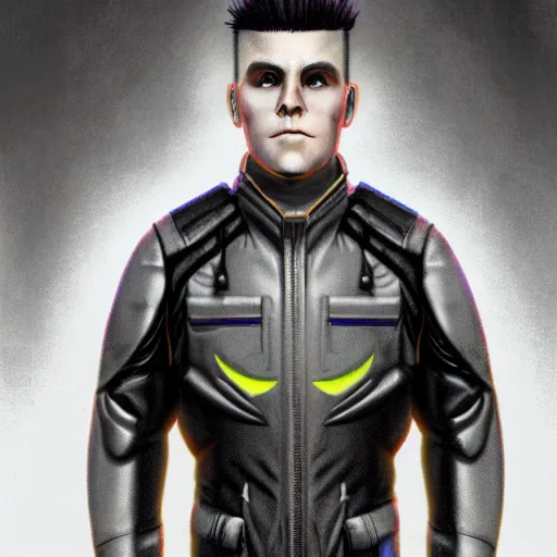 Prompt: Unreal render Bust Portrait of Dustin Bates from Starset in a sci fi uniform with a BMI on his temple; hyper realistic, high detail, artstation, deviantart