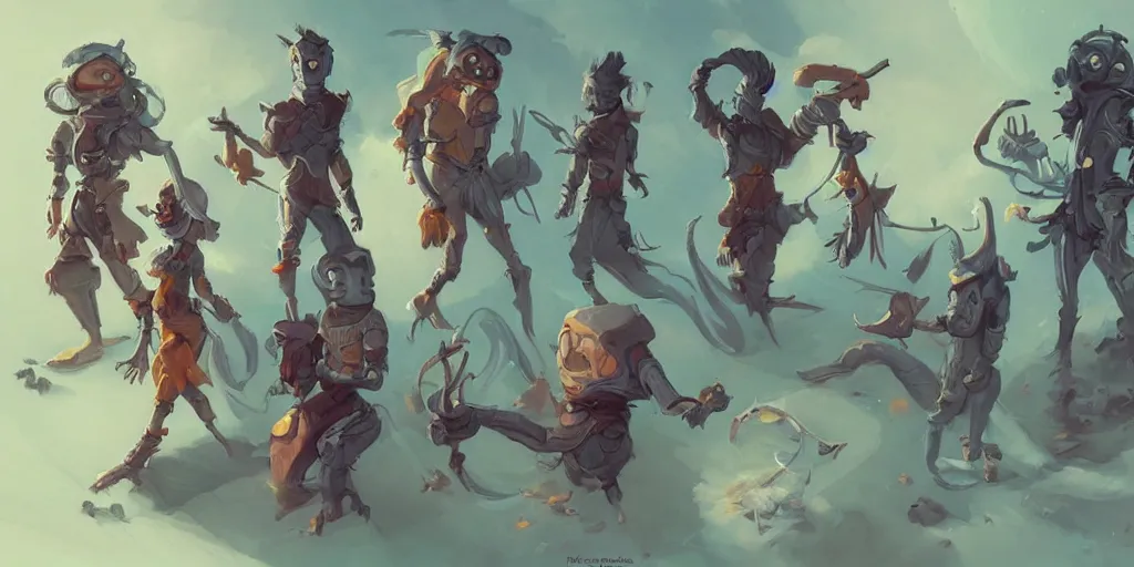 Prompt: Character concept art of a group of quirky human outcast that are a crew on a small spaceship by Peter Mohrbacher and Marc Brunet