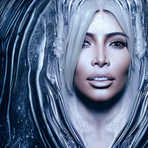 Prompt: epic still of kim kardashian trapped in a transparent alien liquid, wet flowing hair, gooey skin, illustration, unreal engine 5, 8 k, made by h. r. giger