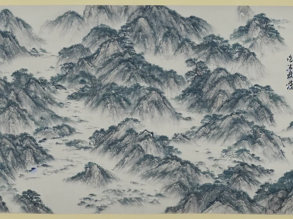 Prompt: its torrent dashes down three thousand feet from high ; as if the silver river fell from azure sky, cinematic landscape ， on a snowy day, natural light, ink painting, traditional chinese painting, by xu beihong