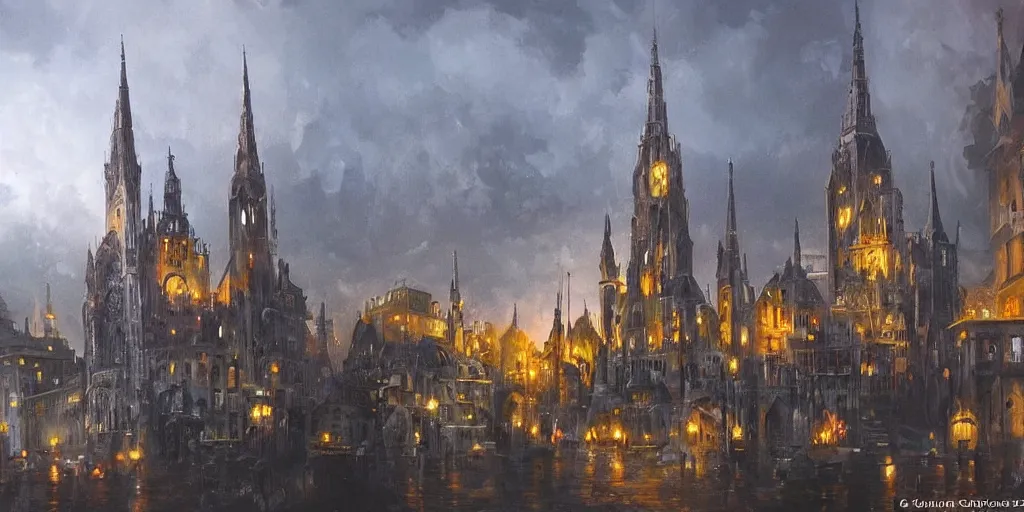 Image similar to European city where eternal night reigns and in the middle stands a giant concrete cube without any windows, painting, dark fantasy art, creepy