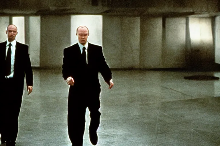 Image similar to film still of Vladimir Putin as agent Smith from the movie The Matrix (1999)