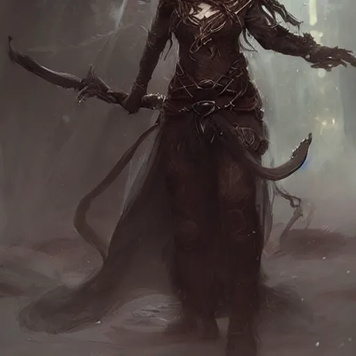 Prompt: a sullen female elf druid in dark clothes with a long dark braid, dnd character art portrait, by ruan jia,