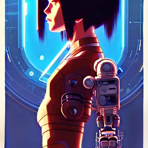 Image similar to side portrait scifi cyborg girl with robotic parts and spacesuit | | head only in center of image, audrey plaza, fine detail!! anime!! realistic shaded lighting!! poster by ilya kuvshinov katsuhiro otomo ghost - in - the - shell, magali villeneuve, artgerm, jeremy lipkin and michael garmash and rob rey