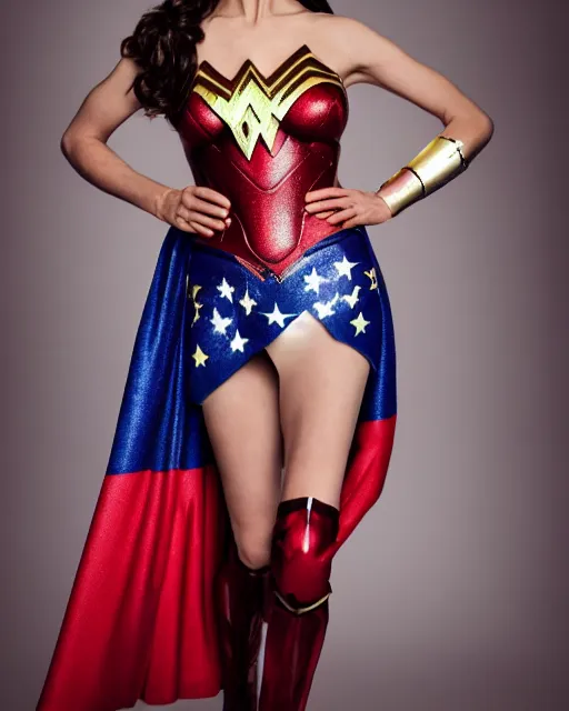 Prompt: A studio photo of Rowan Atkinson as Wonder Woman, bokeh, 90mm, f/1.4 Shot in the Style of Mario Testino