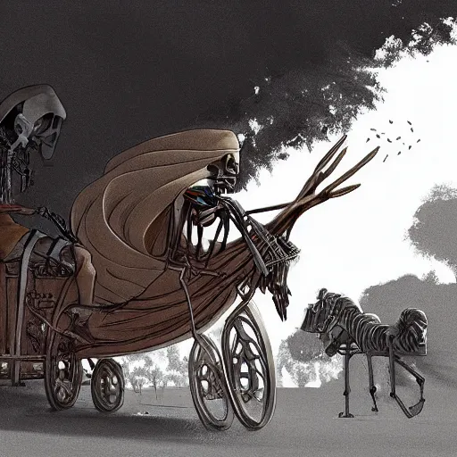 Image similar to The drawing features a human figure driving a chariot. The figure is skeletal and frail, with a large head and eyes. The chariot is pulled by two animals, which are also skeletal and frail. in the Central African Republic by Atey Ghailan unified