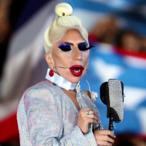 Image similar to Lady Gaga as president, Argentina presidential rally, Argentine flags behind, bokeh, giving a speech, detailed face, Argentina