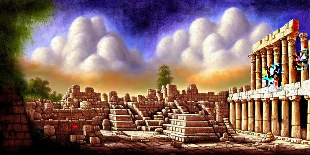 Image similar to illusion painting hidden temple in the clouds : an adorable small fox in the huge ruins of the second temple in jerusalem. a new temple hovers quietly hiding in the dreamy clouds above. a hooded bearded old man in a brown tunic laughing, colorful 8 k, art station, intricate superb details, digital art, illusion painting hidden image.