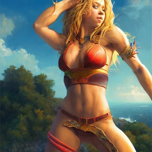 Image similar to A ultradetailed beautiful panting of Shakira with muscular body in armor, fantasy, Oil painting, by Ilya Kuvshinov, Gregg Rutkowski and Makoto Shinkai