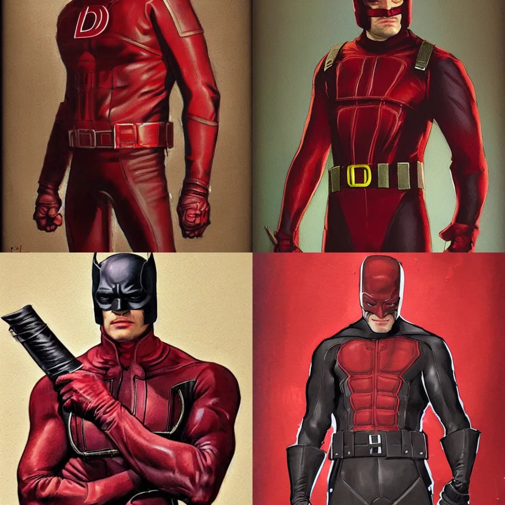 Image similar to daredevil concept art leather suit billy stick painted by jc leyendecker