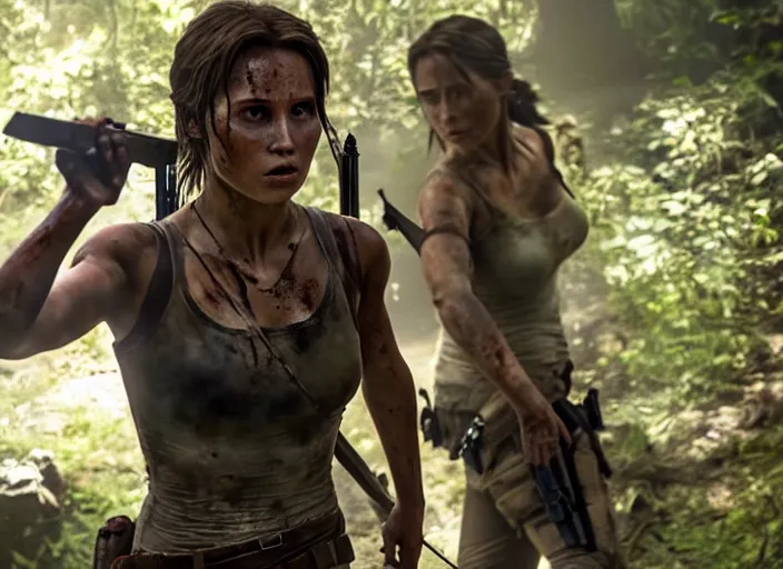 Image similar to film still of!!!! daisy edgar - jones!!! as lara croft in new tomb raider movie, 8 k