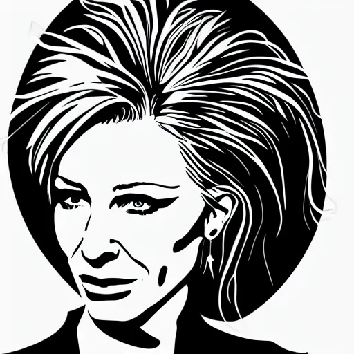 Image similar to a simplified black and white vector based illustration of cate blanchett, created in Adobe illustrator, black ink shading on white background, smooth vector curves, vinyl cut ready