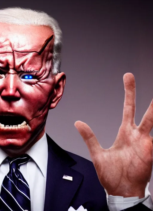 Image similar to hyper realistic terror photo Doom furious glowing red eyes biden