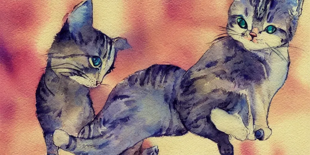 Image similar to watercolor illustration style, cute! cats!!! play with different things