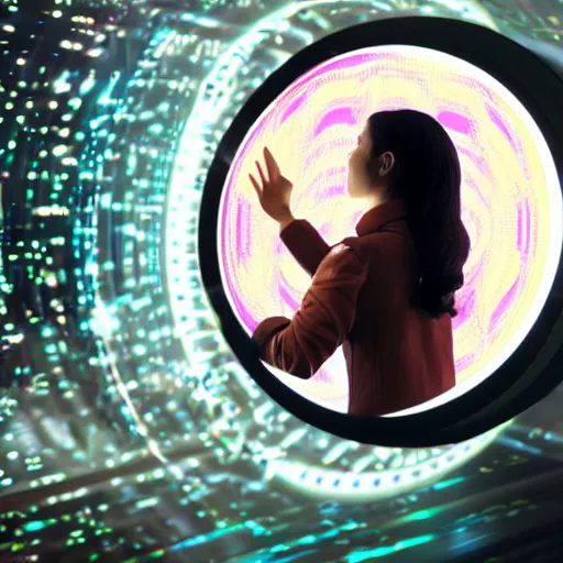 Prompt: woman interacting with small holographic display floating in front of her face, from the expanse ( 2 0 1 5 )
