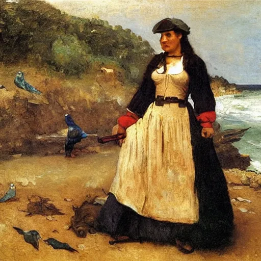 Image similar to female pirate with many parrots. Oil painting by Gustave Courbet, Jules Breton, Jean-François Millet, Émile Friant