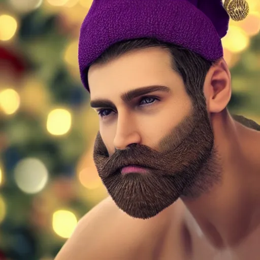 Prompt: strong attractive man face symettry brown beard with christmas hat masculine traits brown hair purple eyes clean skin ultra realistic highly detailed highly realistic 8 k photo realistic