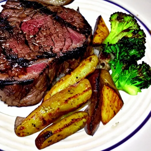 Prompt: pan seared ribeye, roasted fingerling potatoes, and grilled brocolli