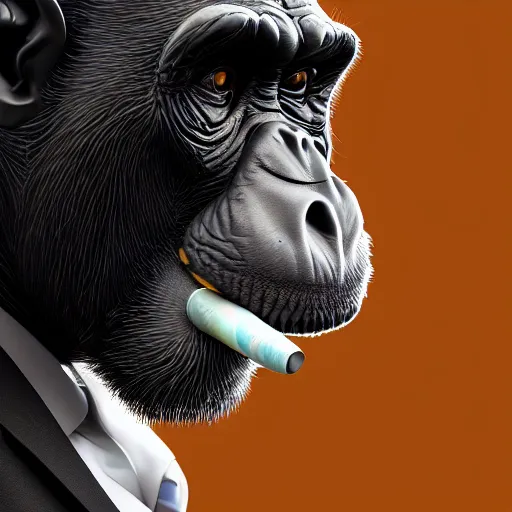 Image similar to a high detail closeup shot of a chimp wearing a suit 👔,and smoking a cigarrette🚬, cgcosiety, artstation, unreal engine, realism