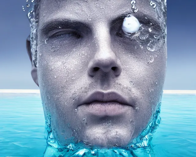 Image similar to water art manipulation of a surreal human head with open eyes burried in the ocean, hyper realistic, ray tracing, realistic water, sharp focus, 8 k resolution, cinematic