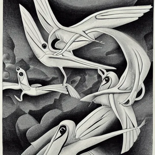 Prompt: escher print of storks and fish