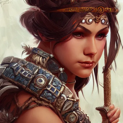 Image similar to Female barbarian closeup, D&D, fantasy, intricate, elegant, highly detailed, digital painting, trending on artstation, concept art, illustration, art by Artgerm and Greg Rutkowski and Alphonse Mucha